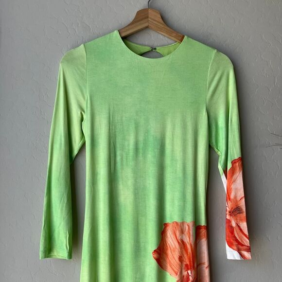 Alice + Olivia Delora‎ Open Back Green Tulip Print 3/4 Sleeve Crew Maxi Dress 6 - Picture 4 of 12